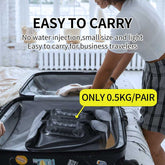 30lb Adjustable Water Dumbbells packed in a suitcase, emphasizing lightweight 0.5kg design for easy travel and portability.