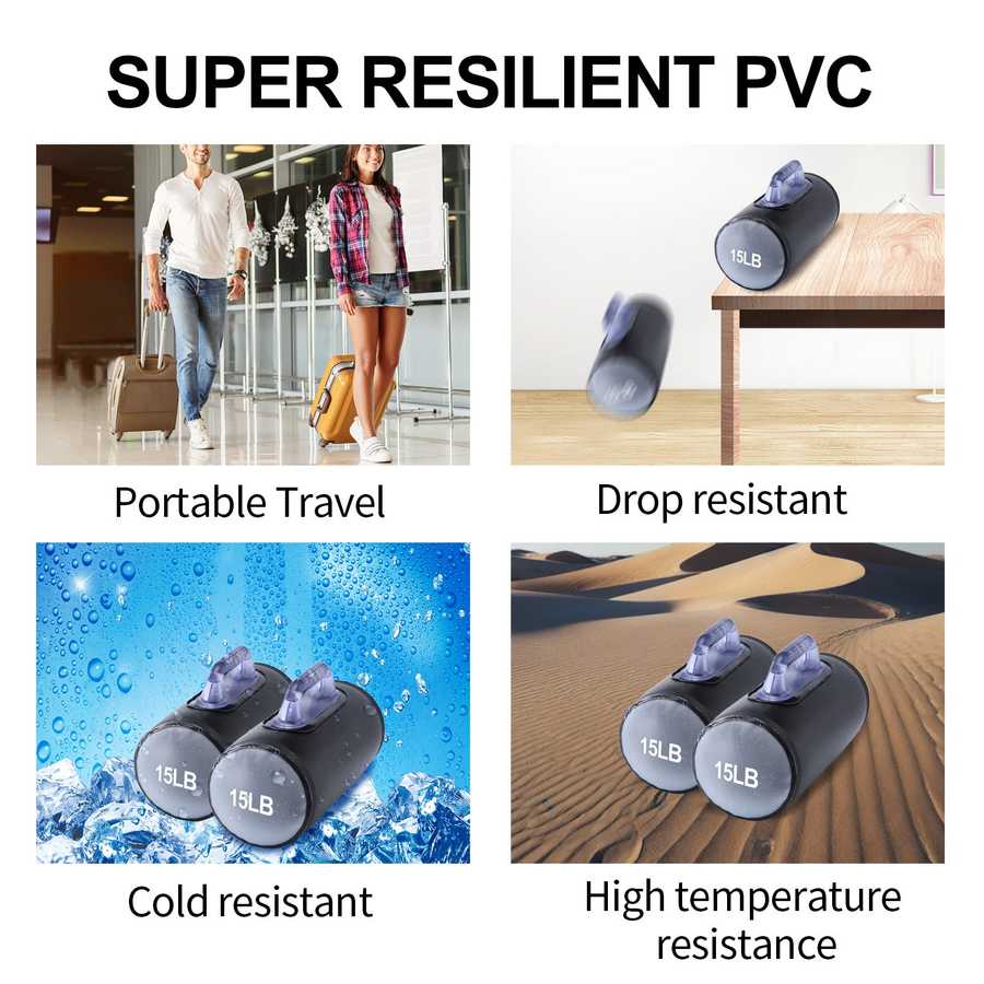 30lb Adjustable Water Dumbbells shown in various conditions highlighting super resilient PVC for travel, drop, cold, and heat resistance.