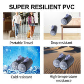 30lb Adjustable Water Dumbbells shown in various conditions highlighting super resilient PVC for travel, drop, cold, and heat resistance.