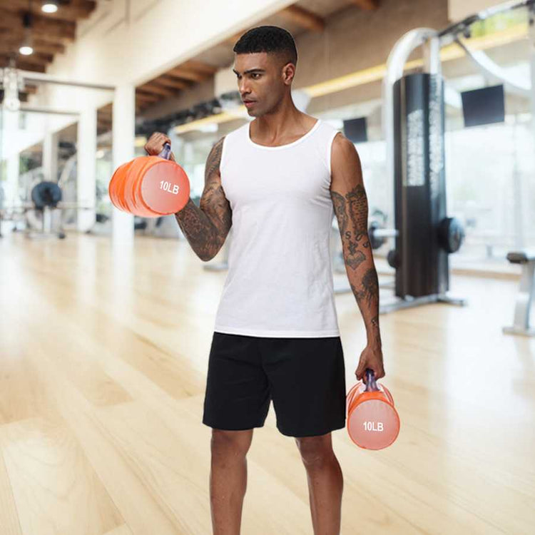 Man using 10LB Portable Water Dumbbell Set in a gym, demonstrating compact and adjustable fitness gear for strength training.