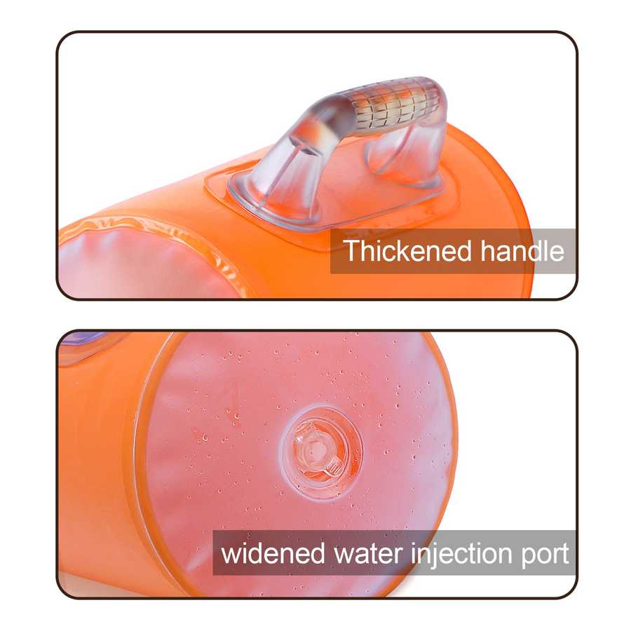 Close-up of thickened handle and widened water injection port on orange Water Dumbbell, designed for durability and easy filling.