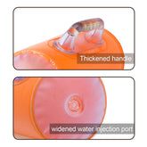 Close-up of thickened handle and widened water injection port on orange Water Dumbbell, designed for durability and easy filling.
