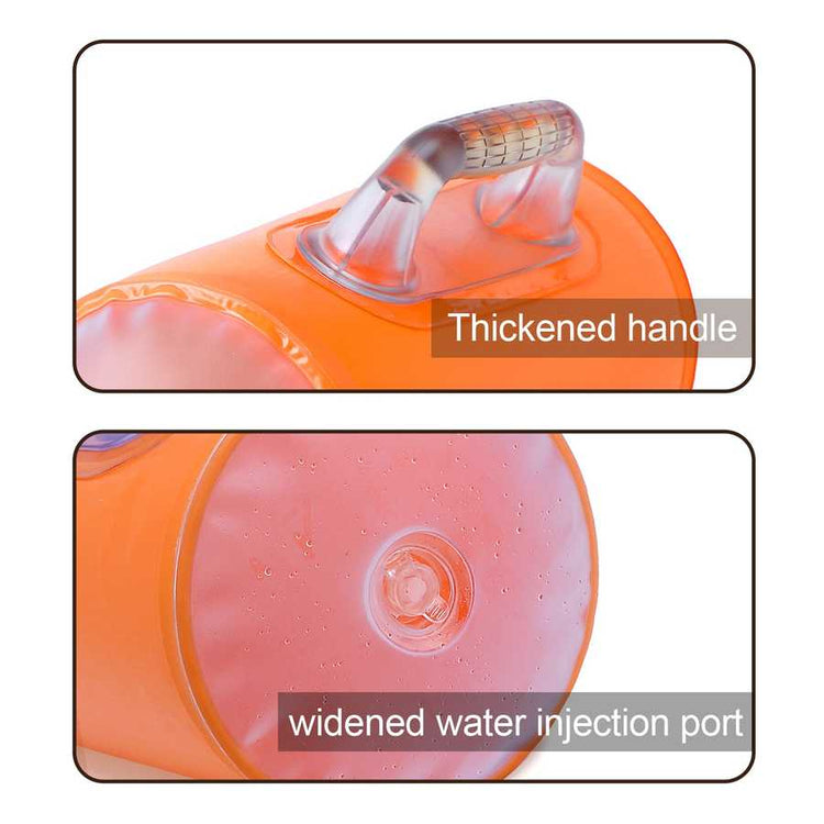 Close-up of thickened handle and widened water injection port on orange Water Dumbbell, designed for durability and easy filling.