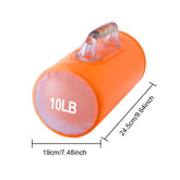 Dimensions of orange Water Dumbbell: 24.5cm x 19cm, labeled 10LB, showcasing compact size for easy portability and storage.