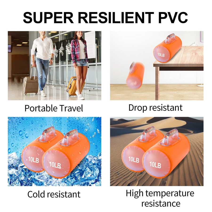 Durable Water Dumbbell Set made of super resilient PVC, shown in travel, cold, drop, and heat-resistant scenarios for versatile use.