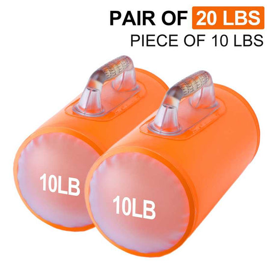 Pair of 20LB Water Dumbbells in orange, each piece 10LB, compact and portable for adjustable resistance training on the go.