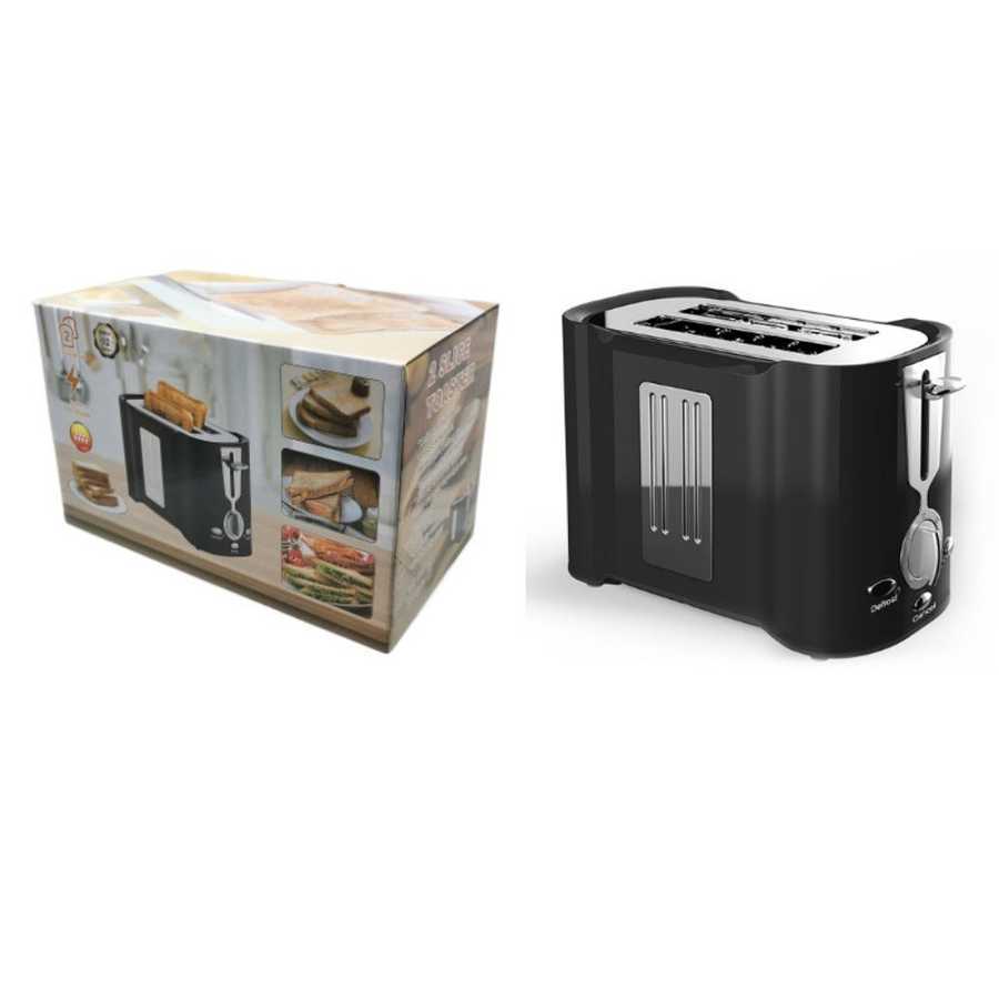 Retail packaging and product view of 2 slice toaster with wide slots and multifunction features, ideal for home kitchen use.