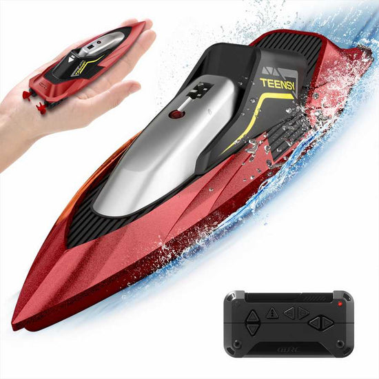 S5 RC Boat for Pools and Lakes - S5 RC boat with 20+ MPH speed and ergonomic remote, shown splashing water and fitting in hand for portability.