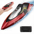 S5 RC Boat for Pools and Lakes - S5 RC boat with 20+ MPH speed and ergonomic remote, shown splashing water and fitting in hand for portability.