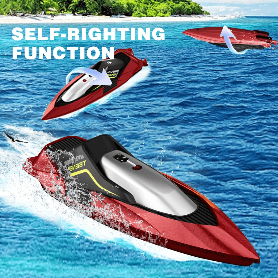 S5 RC Boat for Pools and Lakes - S5 RC boat demonstrating self-righting function on open water, perfect for uninterrupted play.