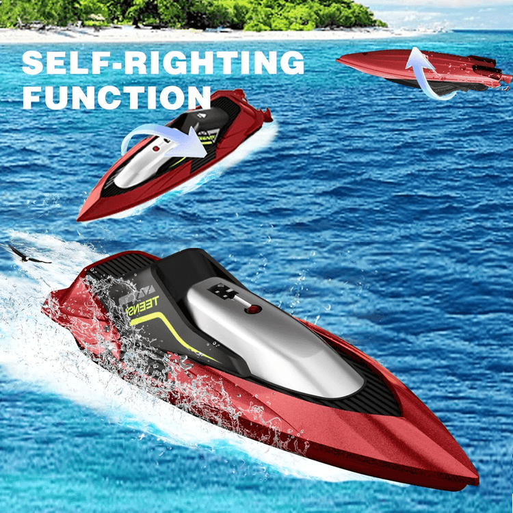 S5 RC Boat for Pools and Lakes - S5 RC boat demonstrating self-righting function on open water, perfect for uninterrupted play.