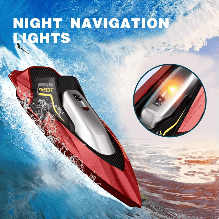 S5 RC Boat for Pools and Lakes - S5 RC boat with night navigation lights for enhanced visibility during evening water play.