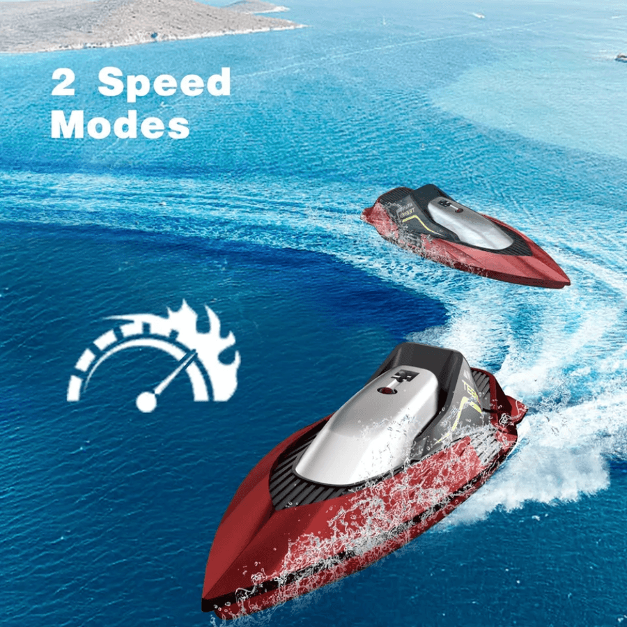 S5 RC Boat for Pools and Lakes - S5 RC boat showcasing two speed modes on a lake, offering customizable racing experiences.
