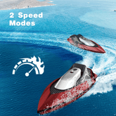 S5 RC Boat for Pools and Lakes - S5 RC boat showcasing two speed modes on a lake, offering customizable racing experiences.