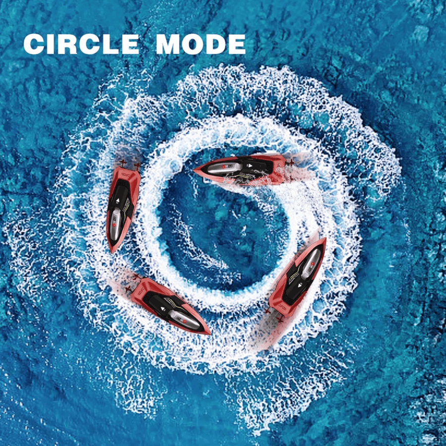 S5 RC Boat for Pools and Lakes - S5 RC boat performing in circle mode, creating dynamic water patterns for exciting gameplay.
