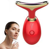 Red and gold facial massager with a woman using it on a white background