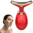 Red and gold facial massager with a woman using it on a white background