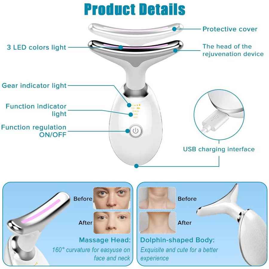 Facial rejuvenation device with labeled features and before-and-after effects on skin.