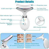 Facial rejuvenation device with labeled features and before-and-after effects on skin.