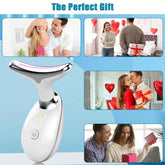White electronic device with pink light on a blue background, surrounded by images of people with gifts.