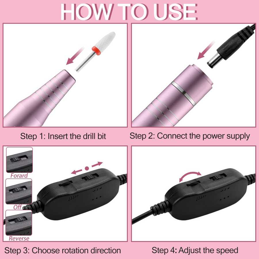 Step-by-step guide on how to use a pink power drill with illustrations and text.