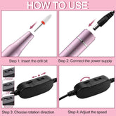Step-by-step guide on how to use a pink power drill with illustrations and text.