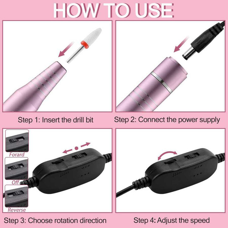 Step-by-step guide on how to use a pink power drill with illustrations and text.