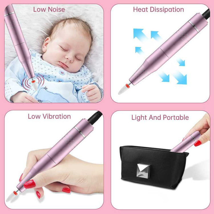 Collage of a pink electronic device with features like low noise, heat dissipation, low vibration, and light portability, shown with a baby and a hand holding it.