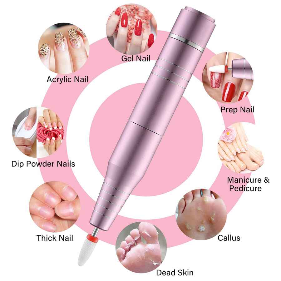 Pink nail drill with various nail care applications on a pink background