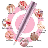 Pink nail drill with various nail care applications on a pink background