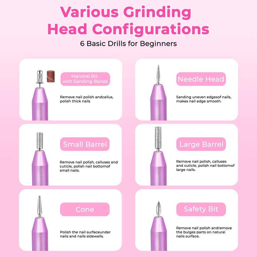 Diagram of various grinding head configurations for nail drills on a pink background