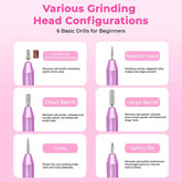 Diagram of various grinding head configurations for nail drills on a pink background