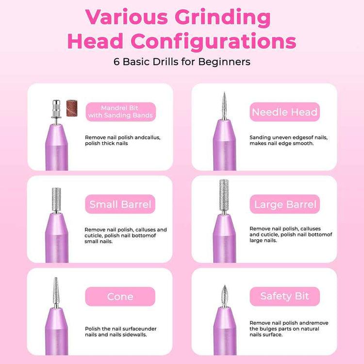 Diagram of various grinding head configurations for nail drills on a pink background