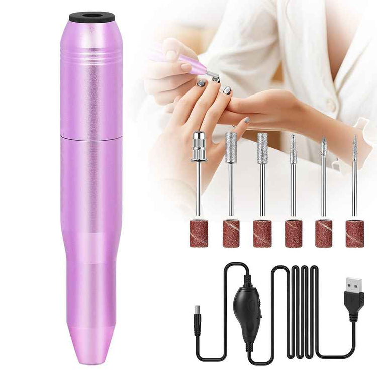 Purple nail drill with attachments and cable on a white background