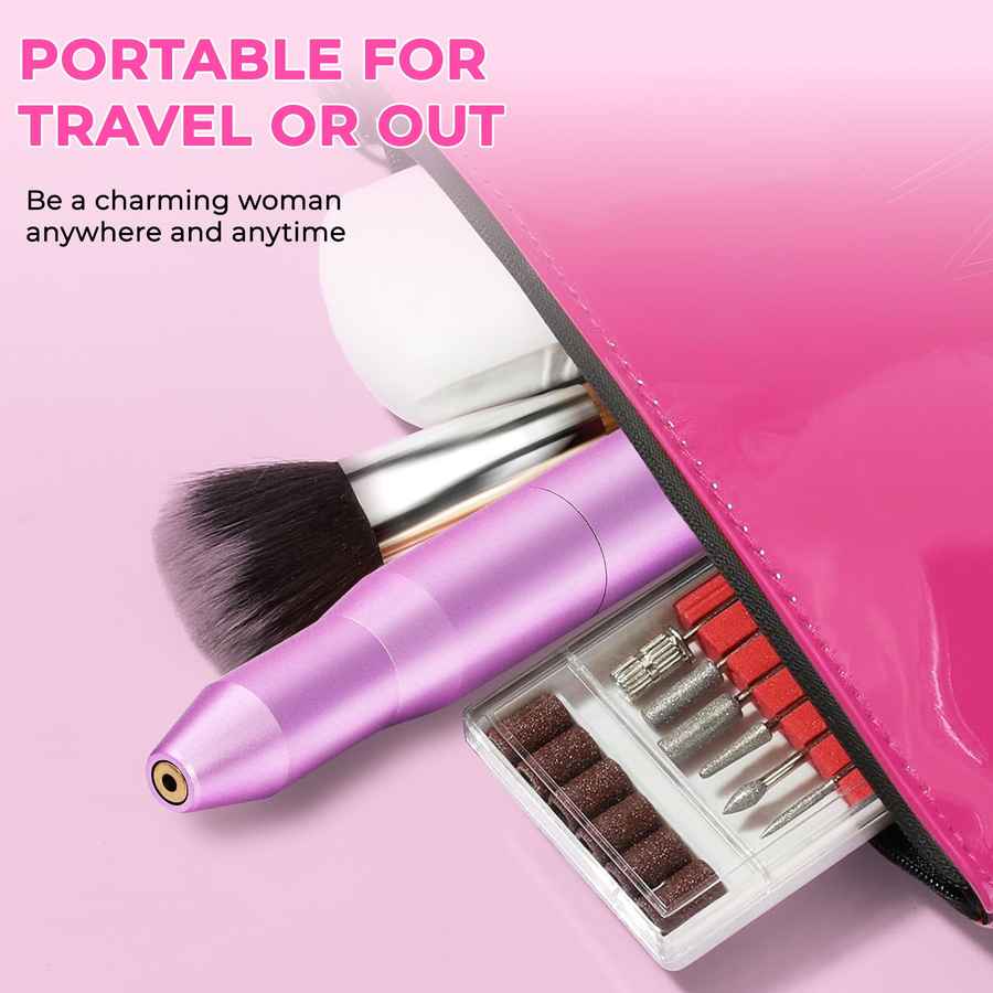 Makeup brush set with pink case on a pink background