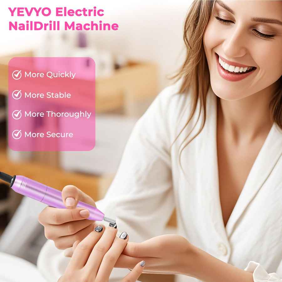 Woman using YEVO Electric NailDrill Machine with product features highlighted.
