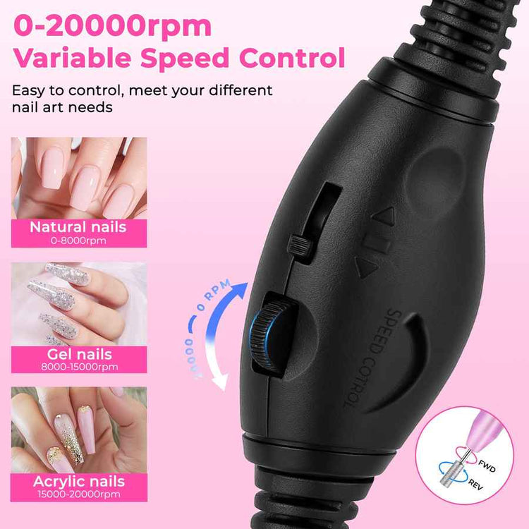 Nail art machine with variable speed control on a pink background