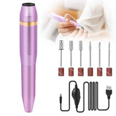 Purple electric tattoo pen with interchangeable nozzles and accessories on a white background
