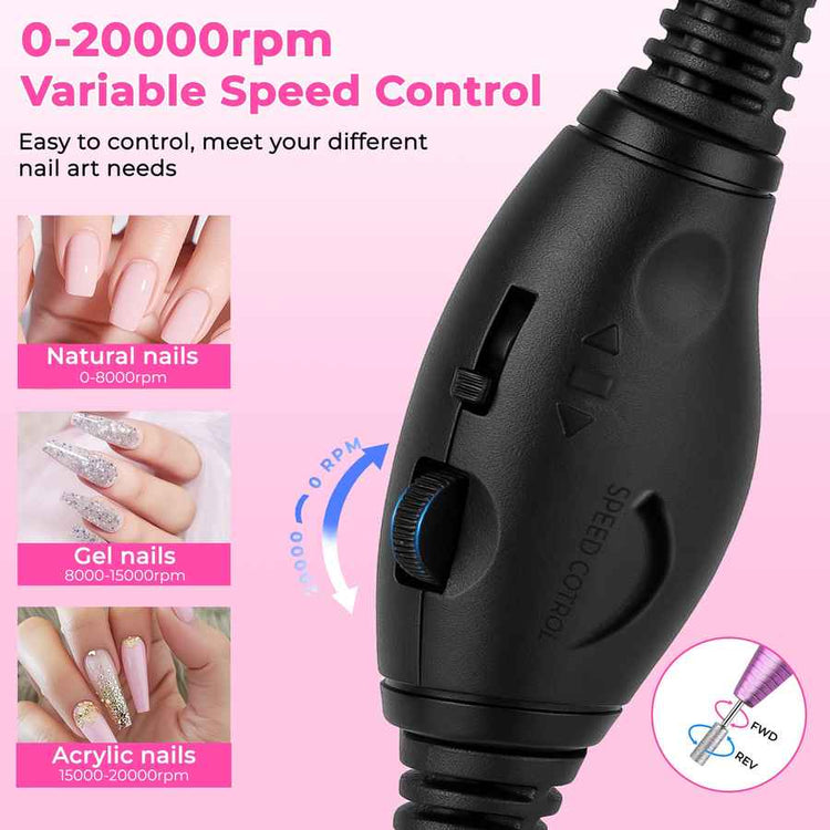 Nail art machine with variable speed control on a pink background