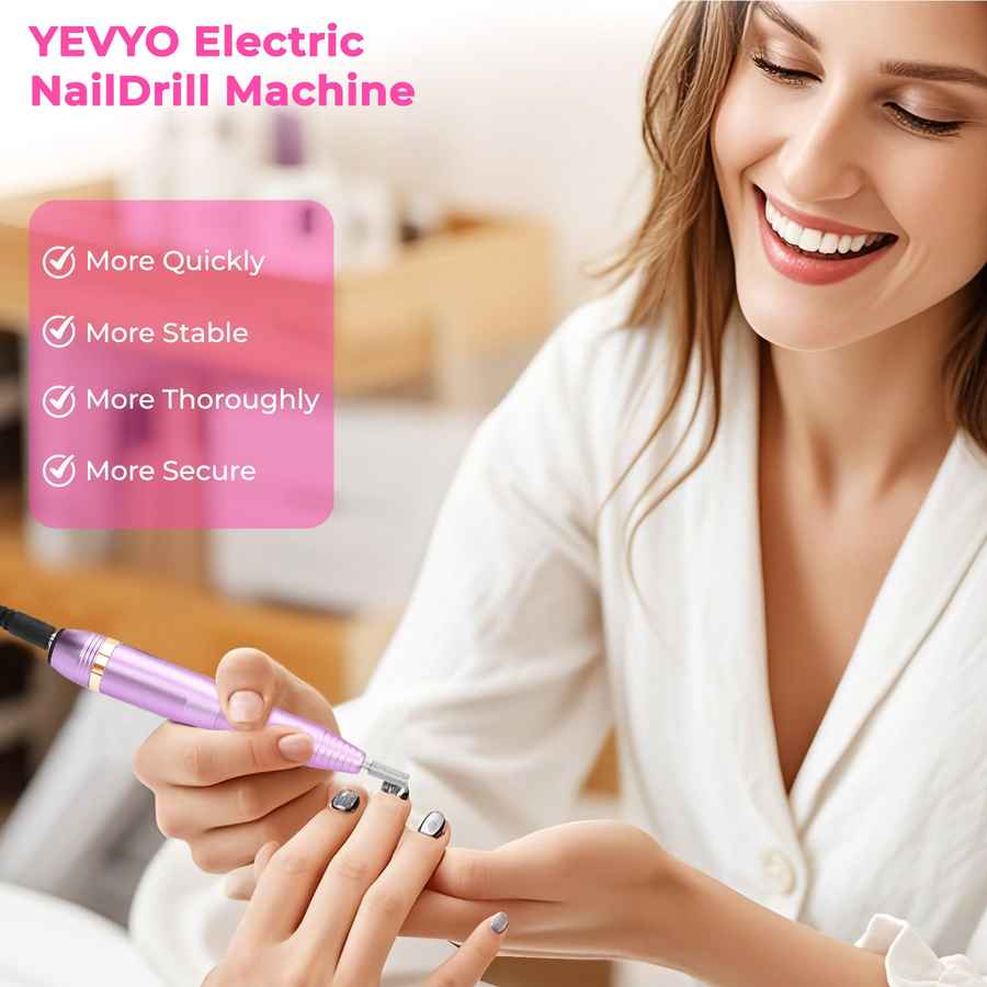 Woman using YEVYO Electric NailDrill Machine with product features highlighted.