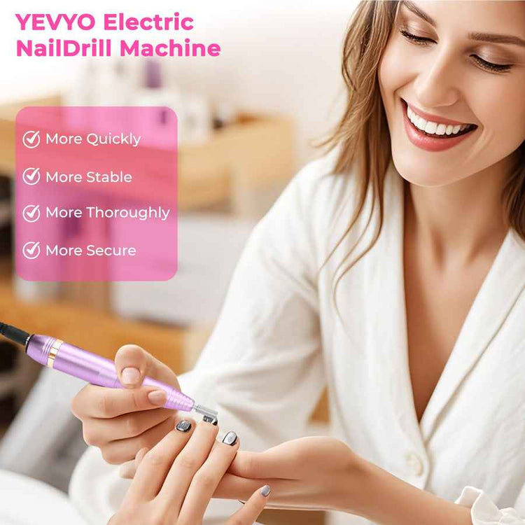 Woman using YEVYO Electric NailDrill Machine with product features highlighted.