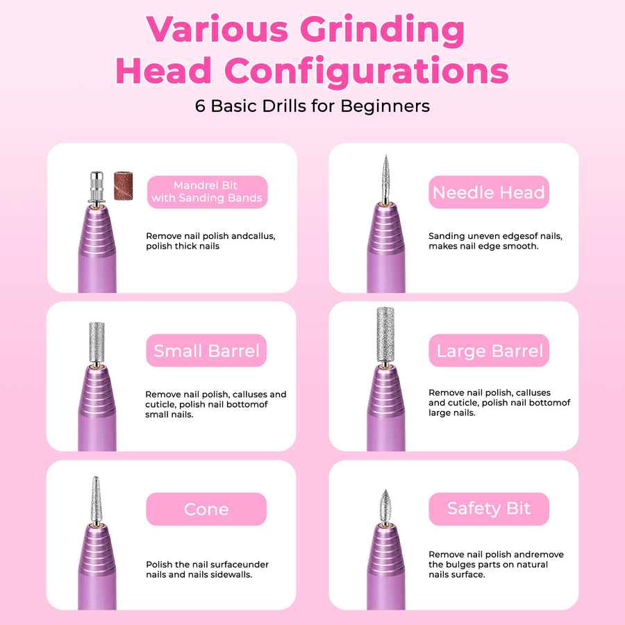 Diagram of various grinding head configurations for nail drills on a pink background