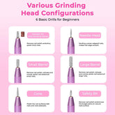 Diagram of various grinding head configurations for nail drills on a pink background
