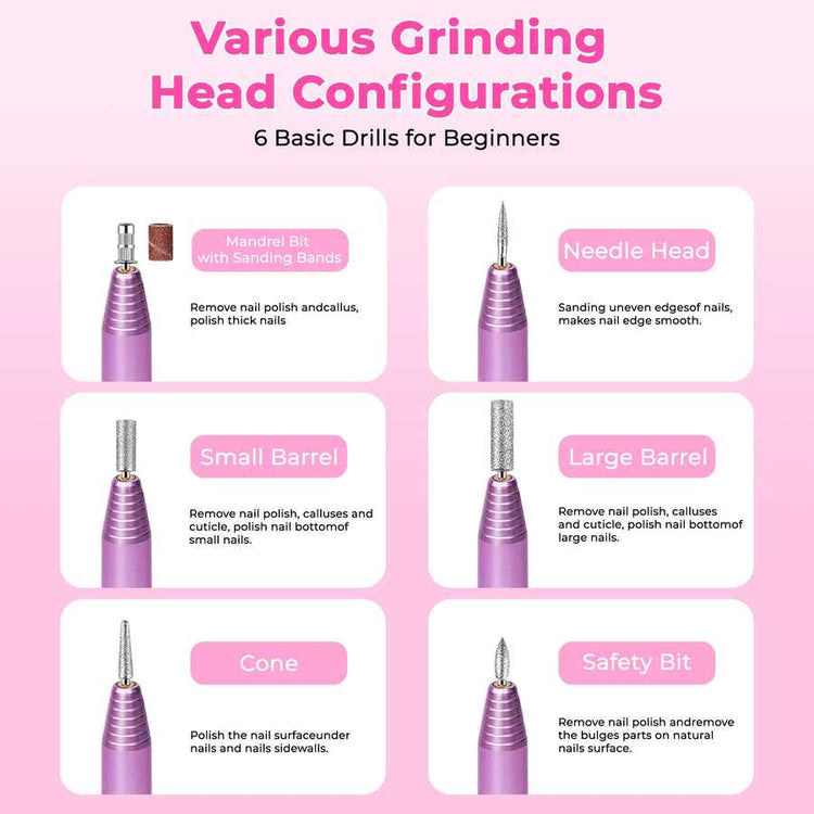 Diagram of various grinding head configurations for nail drills on a pink background