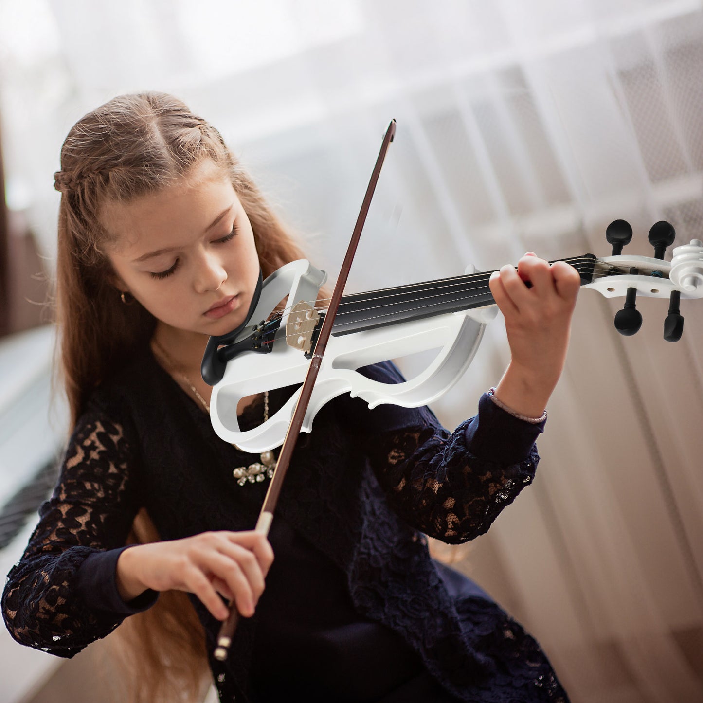 Full Size 4/4 Bunnel Edge Electric Silent Violin with Case, Bow, Rosin, Headphone Connecting Line, White