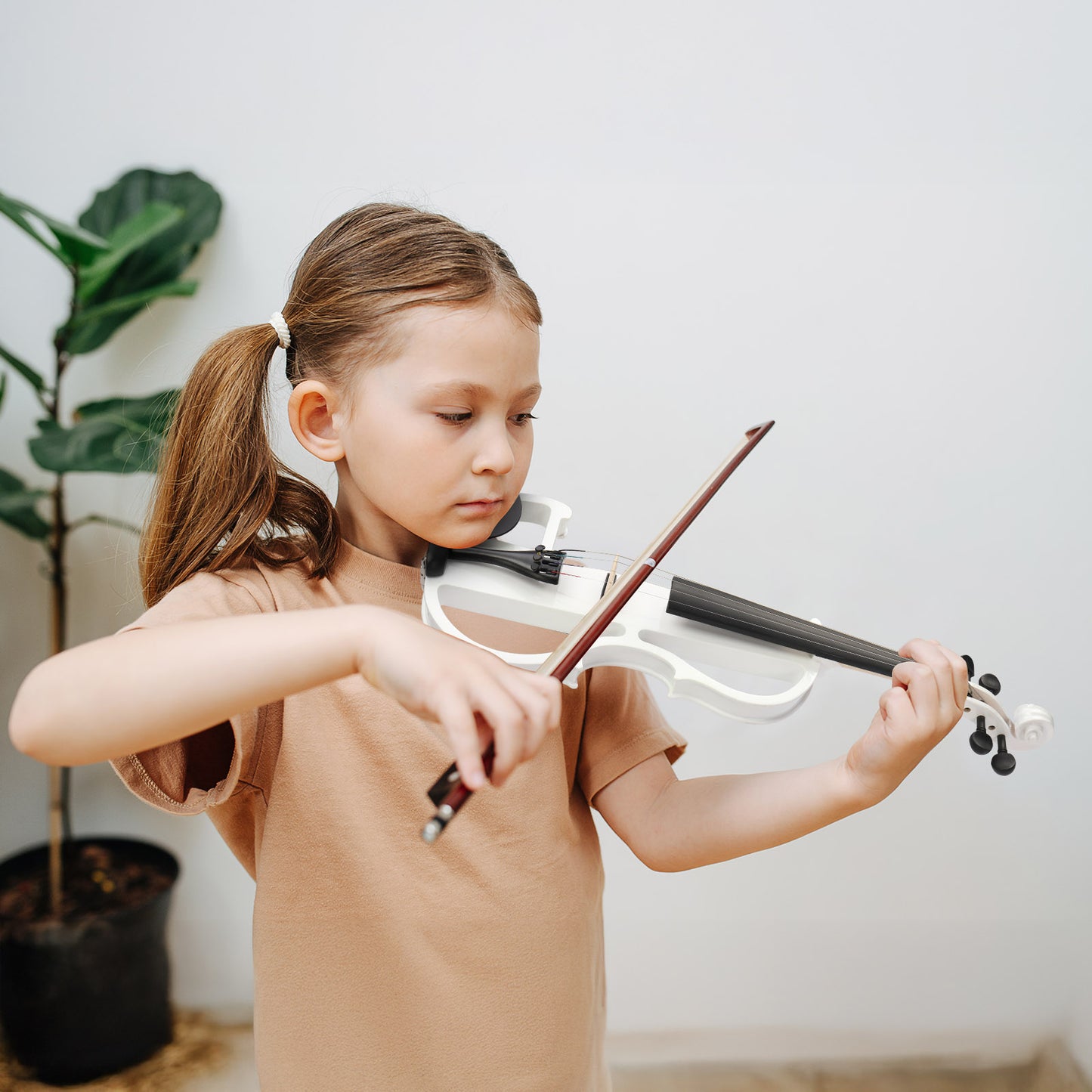 Full Size 4/4 Bunnel Edge Electric Silent Violin with Case, Bow, Rosin, Headphone Connecting Line, White