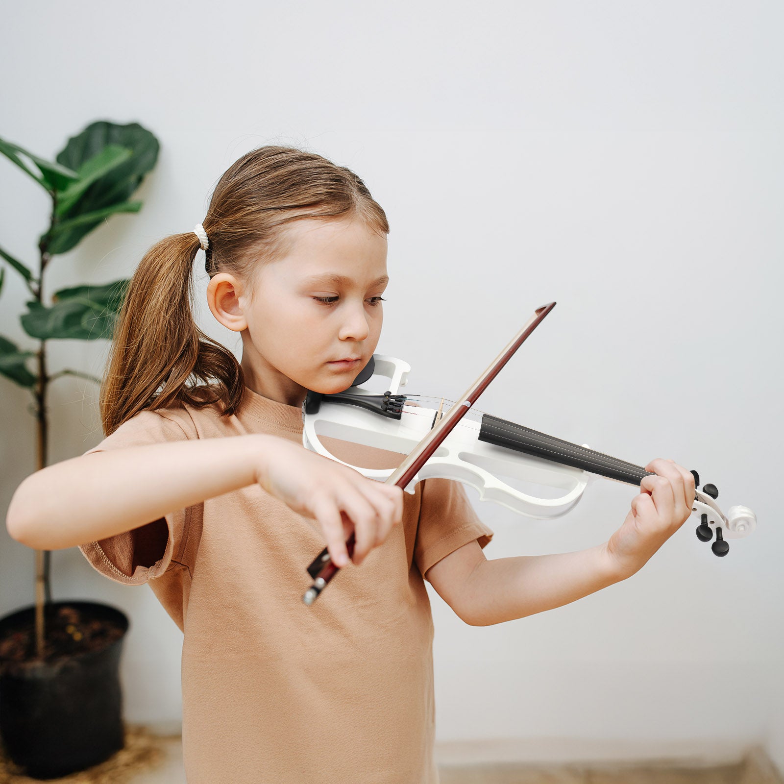 Full Size 4/4 Bunnel Edge Electric Silent Violin with Case, Bow, Rosin, Headphone Connecting Line, White