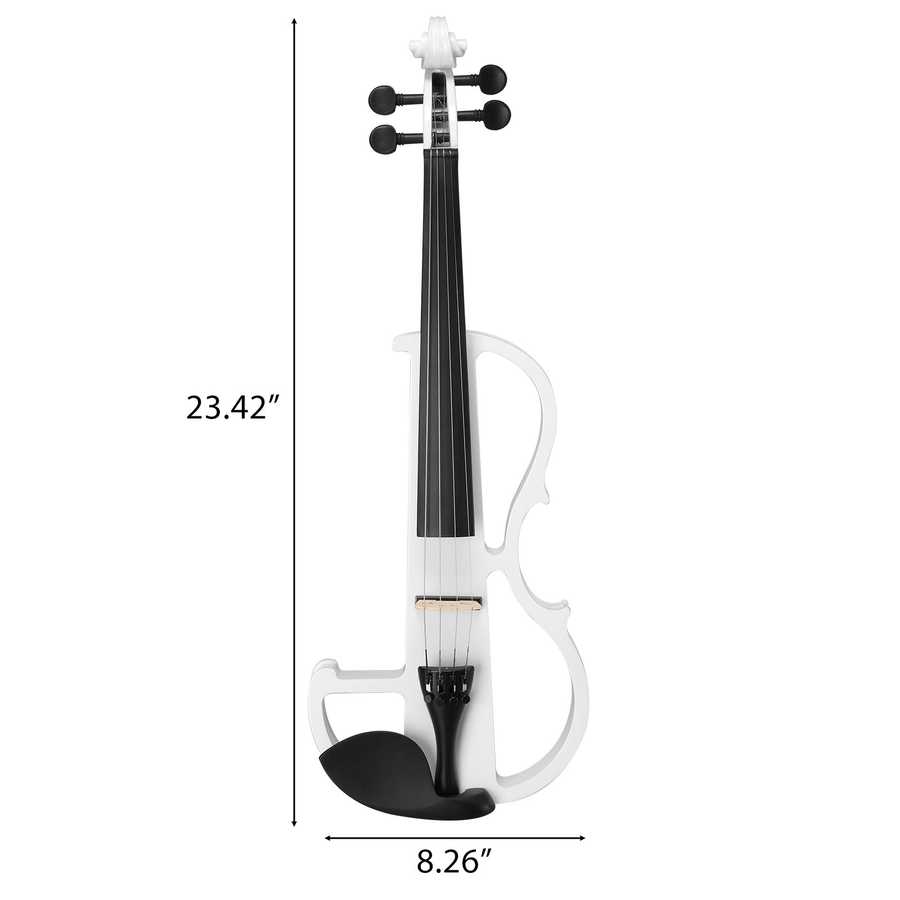 White violin with dimensions labeled on a white background