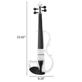White violin with dimensions labeled on a white background