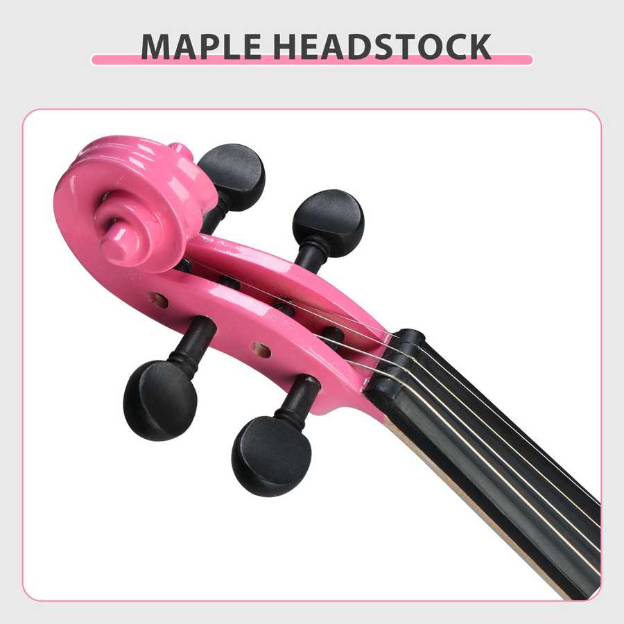 Pink violin with black tuning pegs on a light gray background
